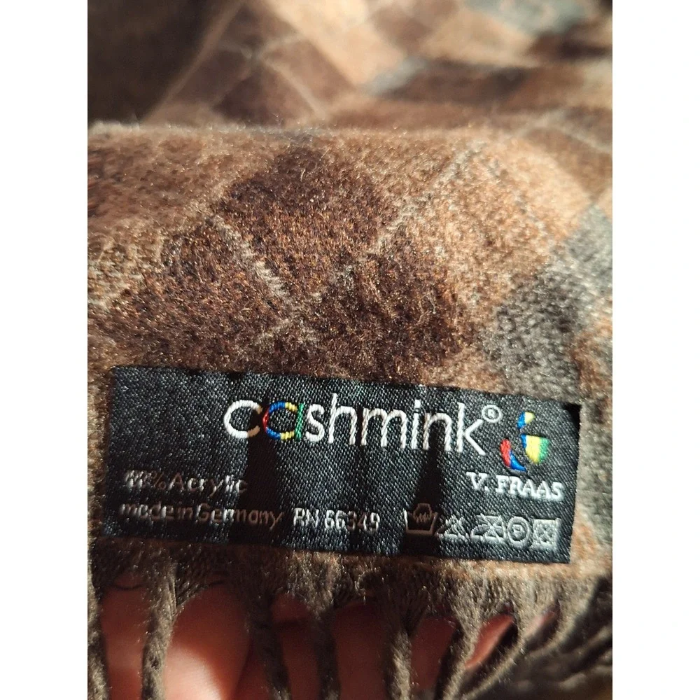 Cashmink V. Fraas Argyle Scarf Brown Tan Rust Made in Germany Tassel Fringe 67
